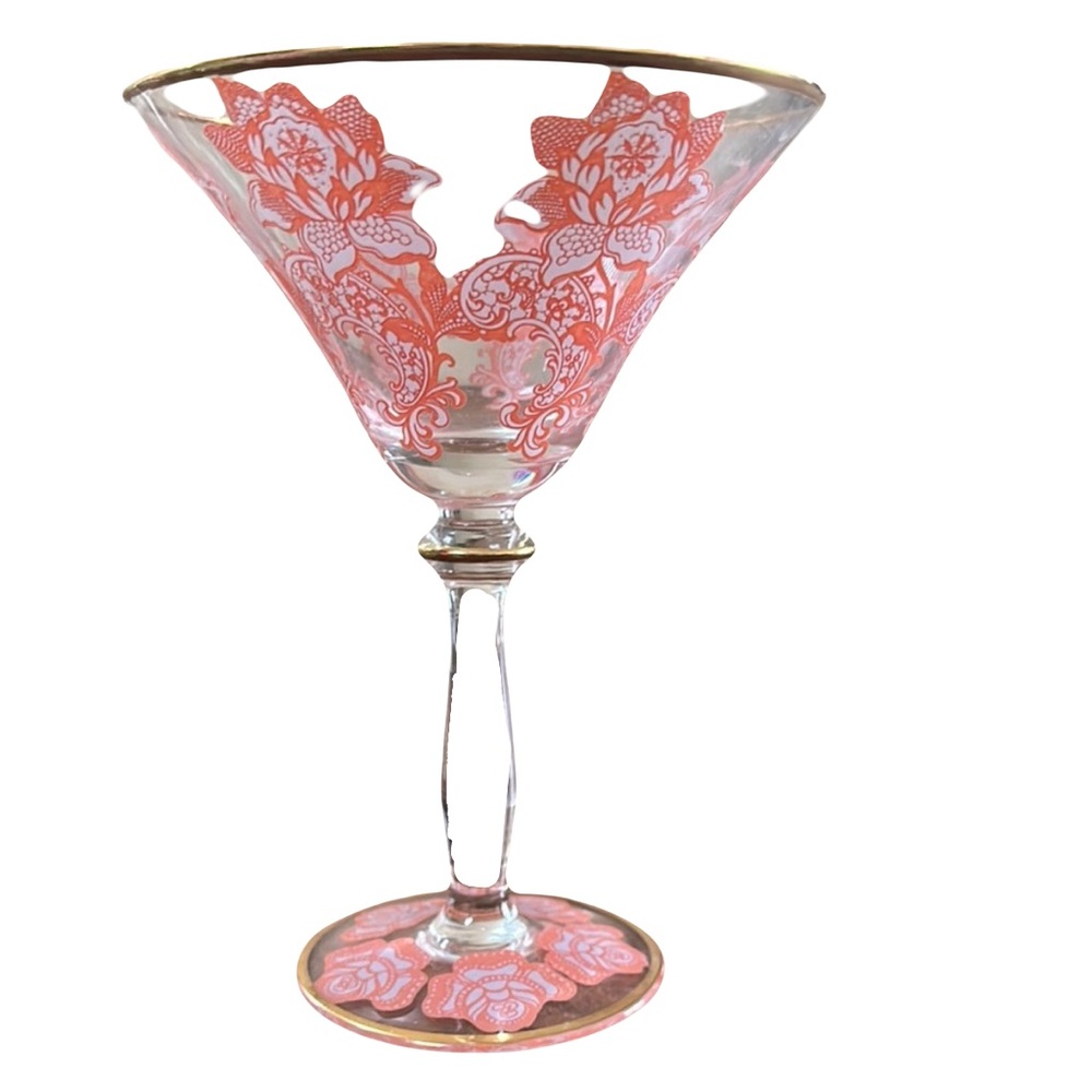 Elegant VINTAGE Peach Floral Martini Glass with Gold Rim